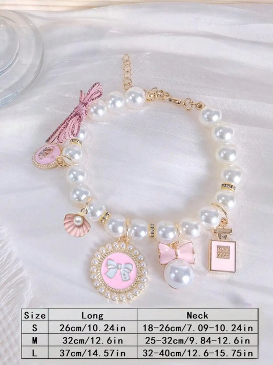 Pearl, Bow, Charm Necklace, Pink & Gold, for Dogs, Cats