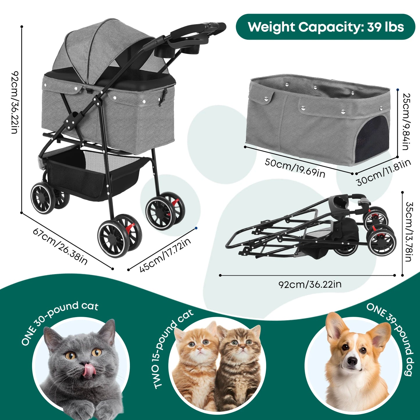 Portable Dog- Cat Stroller, 3 Wheels, Foldable