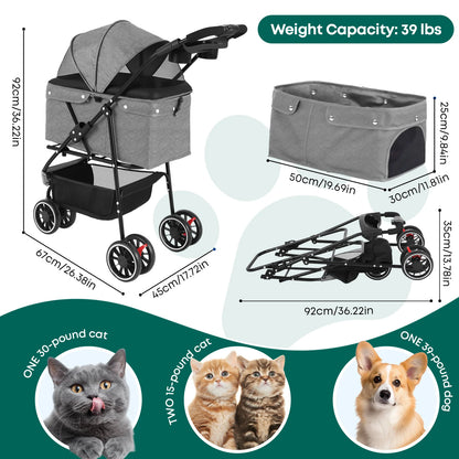 Portable Dog- Cat Stroller, 3 Wheels, Foldable
