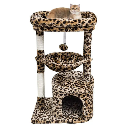 Leopard Print Cat Tower with Scratching Post, Padded Perch, Kitty Condo