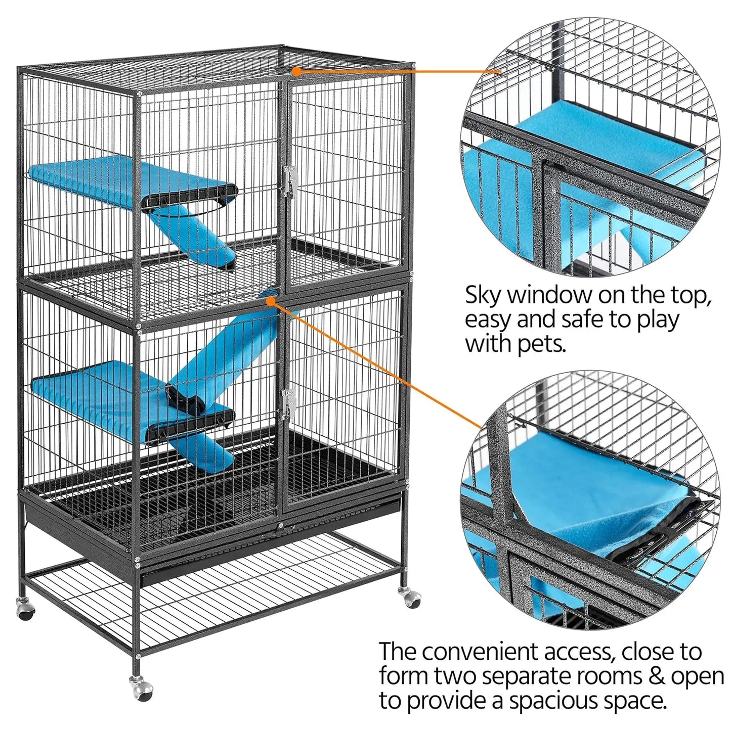 54'' Rolling Cage Large 4-Tiers, Chinchilla, Adult Rats, Guinea
